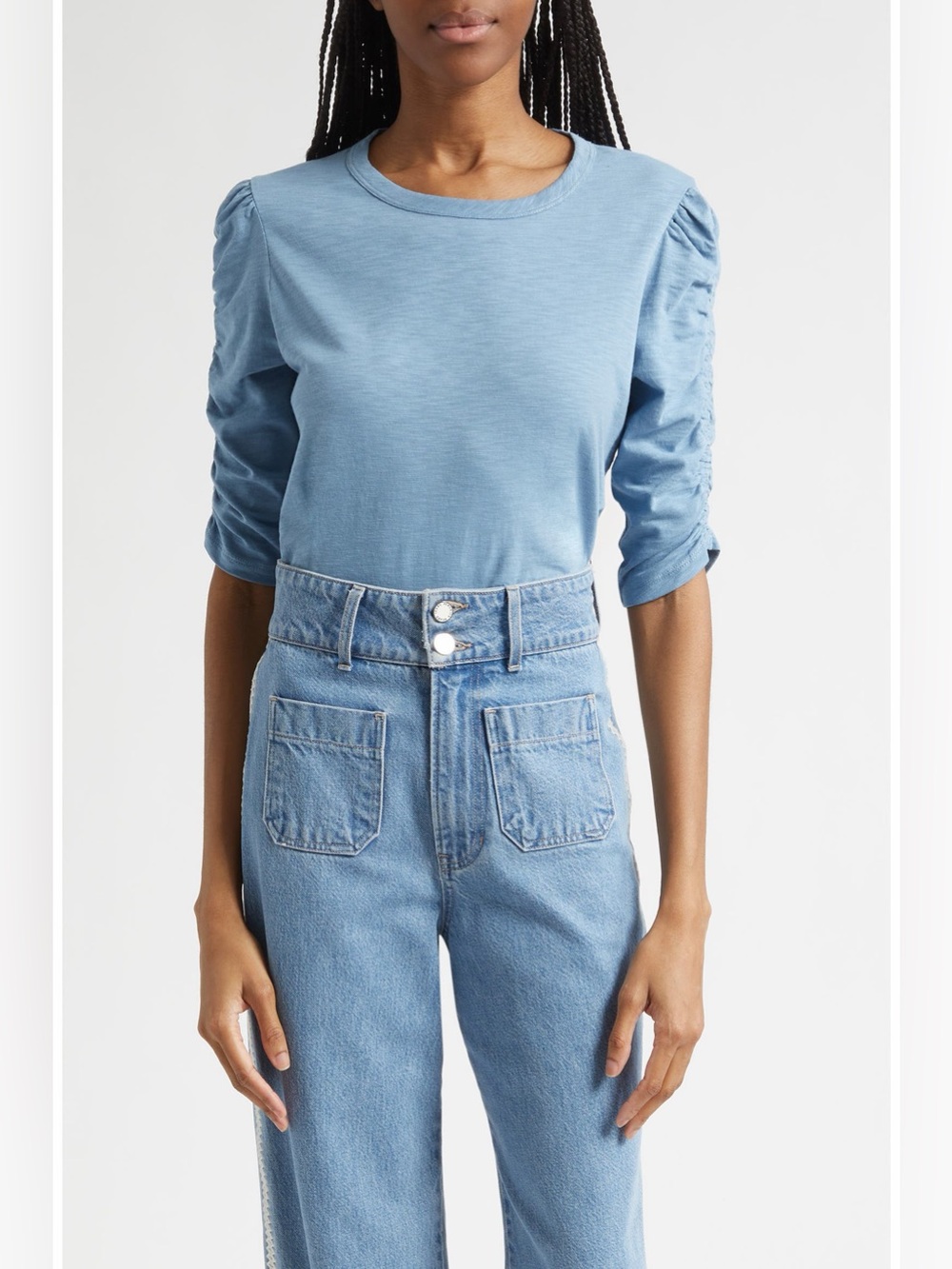 Veronica Beard Waldorf Ruched Sleeve Top Blue River Size M NWT